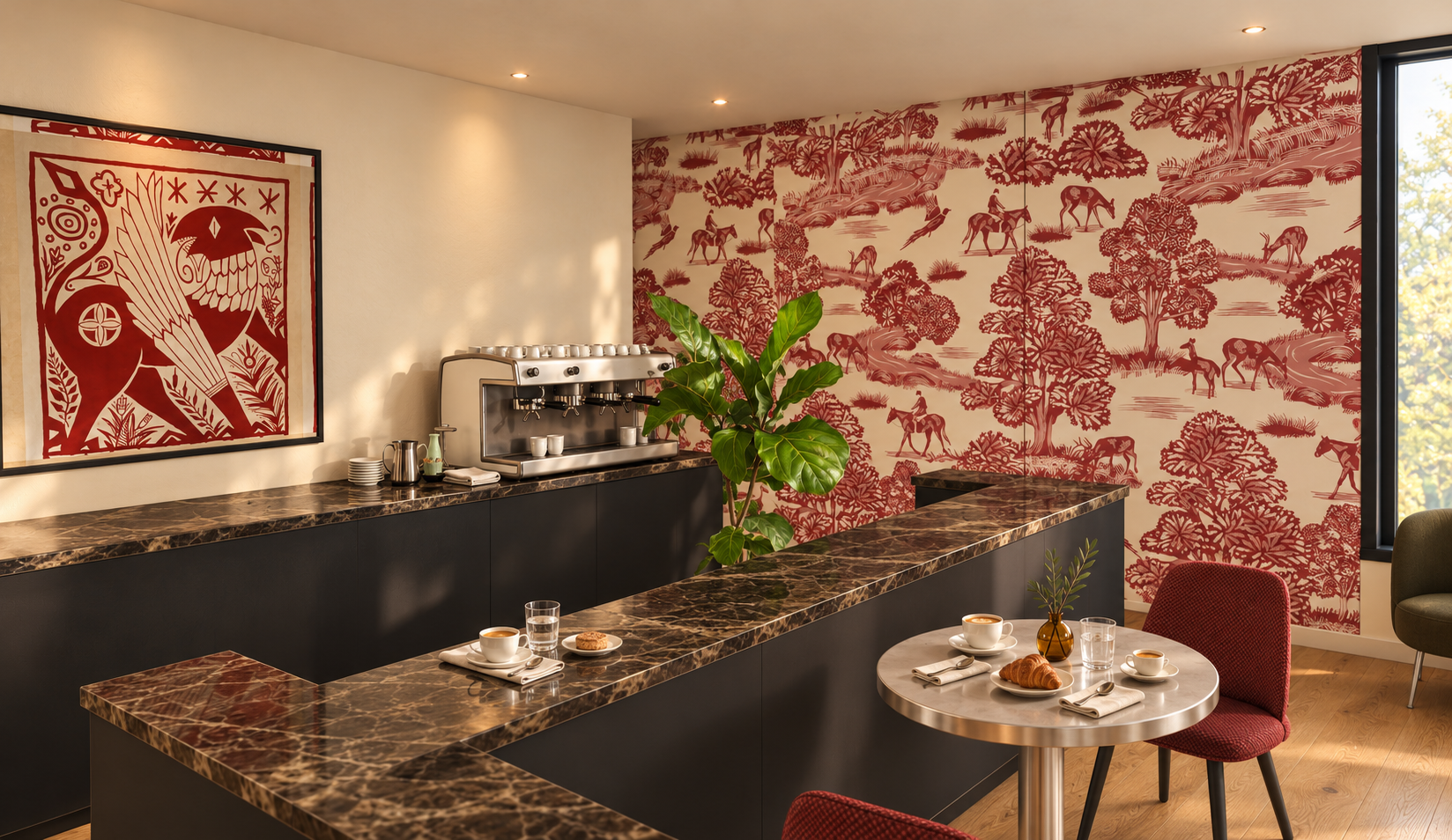 Zona de café con encimera de mármol y papel decorativo rojo