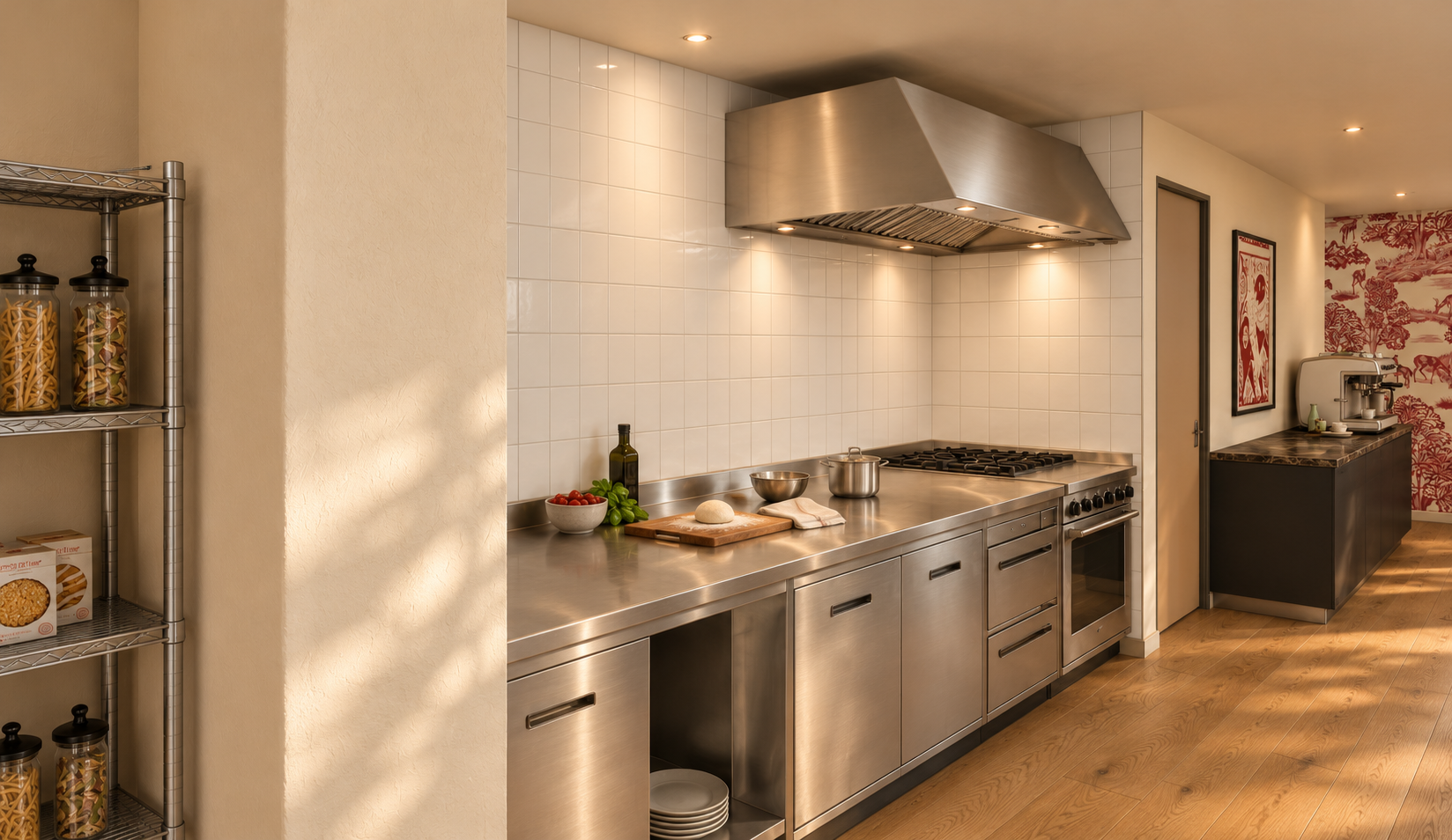 Cocina abierta con equipamiento de acero inoxidable